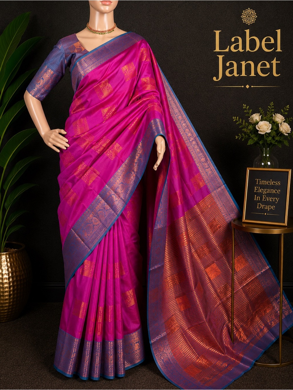 Vibrant Magenta and Teal Silk Kanjipuram silk saree with Gold Motifs (Brand new)